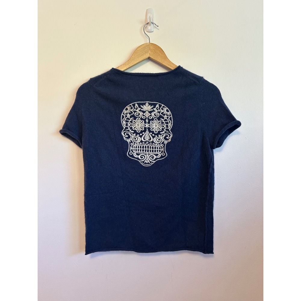 Skull Cashmere Navy Blue Cashmere Short Sleeve Skull Graphic Sweater | Medium